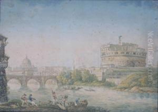 Veduta Del Tevere Con Pescatori Sullo Sfondo Di Castel San Angelo E San Pietro. by Franz Keiserman