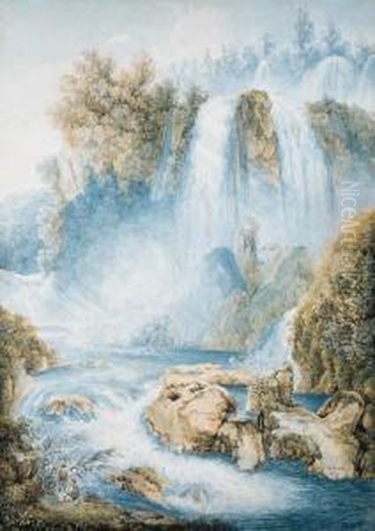 The Falls At Tivoli, Two Anglers In The Foreground Oil Painting by Franz Keiserman