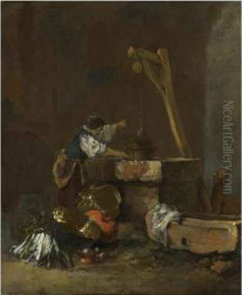 A Woman Pulling Water From A Well, A Pile Of Vegetables At Herfeet Oil Painting by Willem Kalf