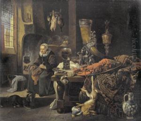 Kucheninterieur Mit Reich Gedecktem Tisch Und Bauerin Oil Painting by Willem Kalf