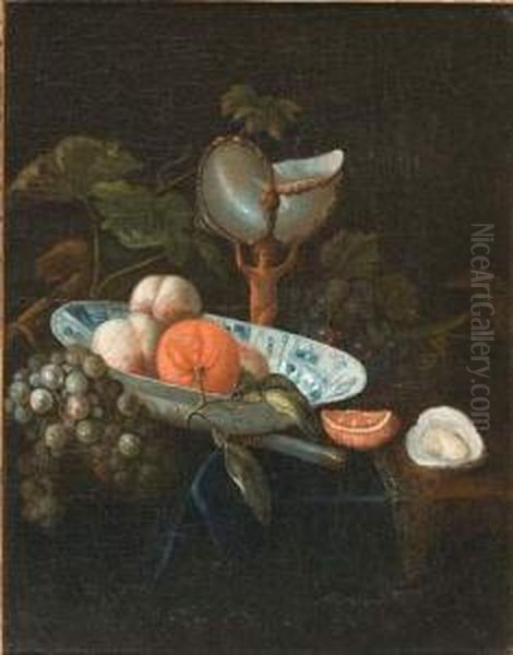 Nature-morte Au Nautile Sur Un 
Entablement Garni De Tissu Bleu,avec Plat De Fruits, Grappe De Raisins 
Et Huitre Oil Painting by Willem Kalf