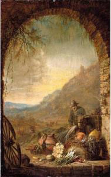 Landscape With A Man Unloading Produce From A Donkey, Seen Through An Arch Oil Painting by Willem Kalf