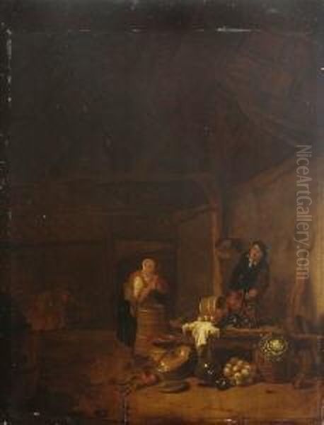 Bauerliches Interieur Mit Einer
 Frau Am Butterfass Oil Painting by Willem Kalf