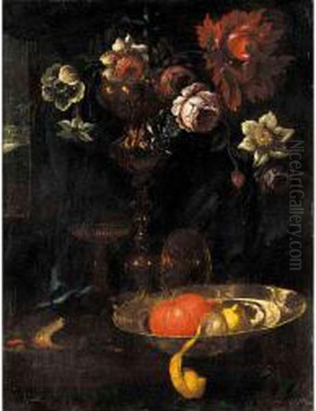 A Still Life Of A Peeled Lemon, 
An Orange, And Flowers In A Silver Gilt Cup Together On A Table Oil Painting by Willem Kalf