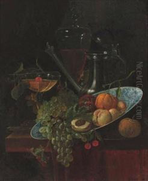 Fruit In A Kraak Dish With A Pewter Ewer And Two Glasses On Apartially Draped Table Oil Painting by Willem Kalf