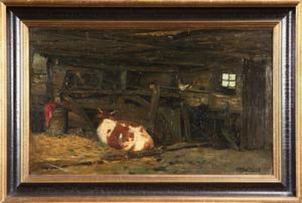 Ladugardsinterior Med Ko Och Hons, Signerad Och Daterad Kallenberg 1877 Oil Painting by Anders Kallenberg