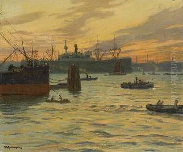 Im Hamburger Hafen. Oil Painting by Friedrich Kallmorgen