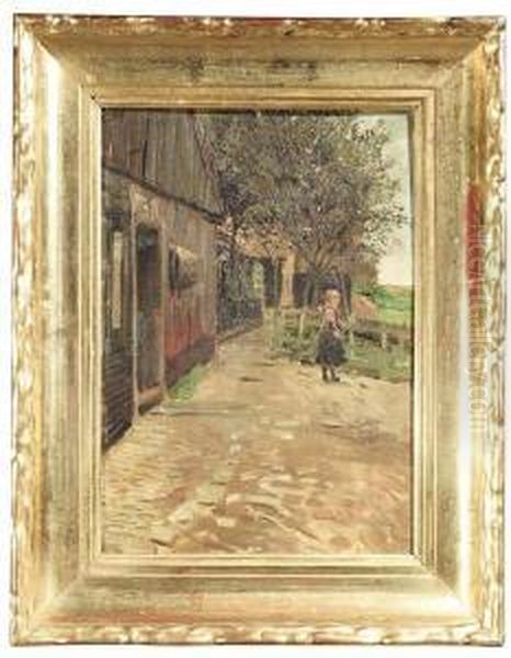 Young Countrywoman In The 
Courtyard Behind A Homestead. Oil/canvas/cardboard, Verso Inscribed And 
Dated Oil Painting by Friedrich Kallmorgen