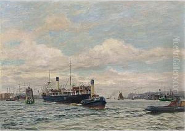 'dampfer Mit Schlepper' (the Harbour Of Hamburg) Oil Painting by Friedrich Kallmorgen