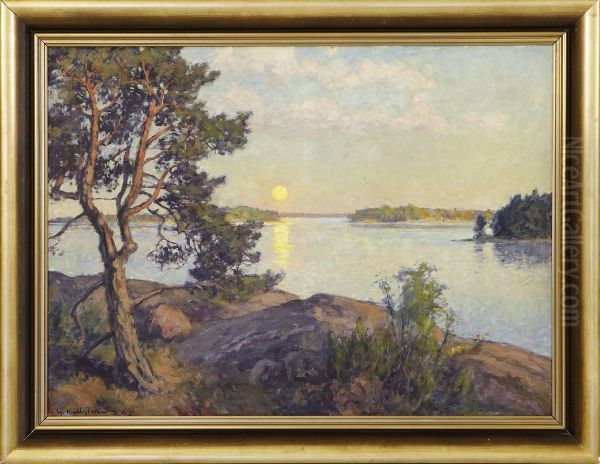 Skargardslandskap I Solnedgang. Signeradoch Daterad G.kallstenius-35 Oil Painting by Gottfrid Kallstenius