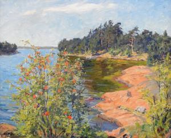 Strandparti Med Nyponbuske - Solig Sommardag Oil Painting by Gottfrid Kallstenius