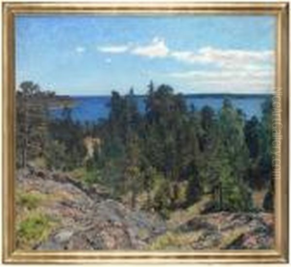 Solbelyst Skargardslandskap Oil Painting by Gottfrid Kallstenius