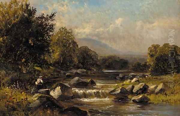 An angler on the bank of a rocky river Oil Painting by Walter Wallor Caffyn