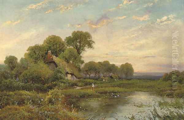 A figure before a pool, a cottage beyond Oil Painting by Walter Wallor Caffyn