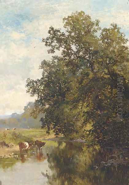 Cattle watering on the River Mole, Surrey Oil Painting by Walter Wallor Caffyn