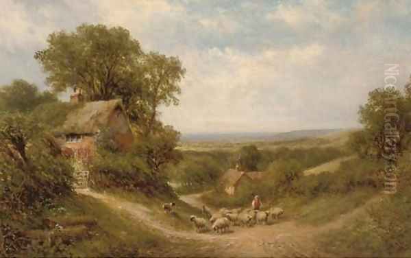 A drover and his flock on a Surrey lane Oil Painting by Walter Wallor Caffyn