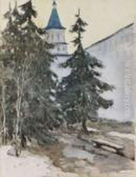 Monastery In Winter Oil Painting by Ivan Leonidovich Kalmykov