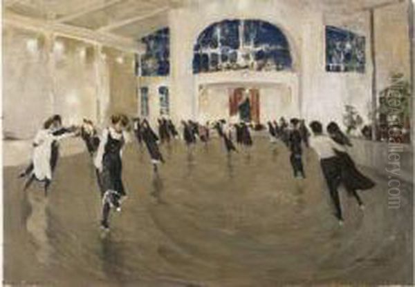 Ice Skating In Irkutsk Oil Painting by Ivan Leonidovich Kalmykov