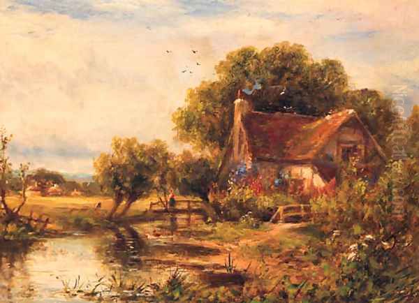 A Figure on a Bridge before a Cottage Oil Painting by Walter Wallor Caffyn