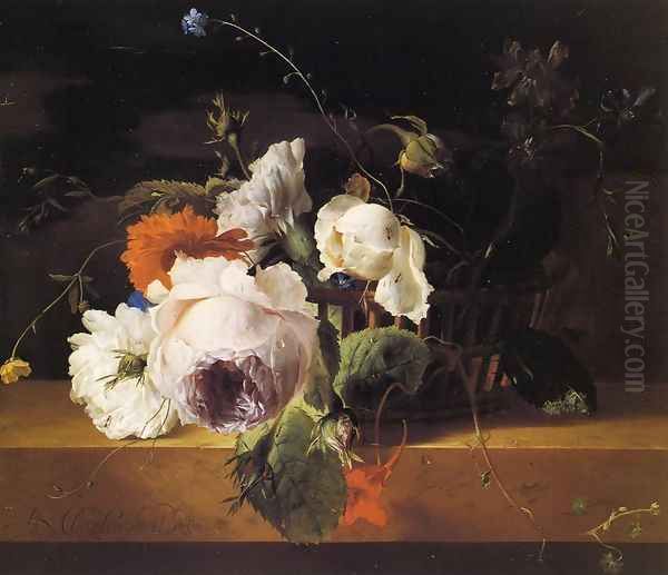 Roses, Carnations, and Assorted Wildflowers in a Basket on a Marble Ledge Oil Painting by Arthur Chaplin