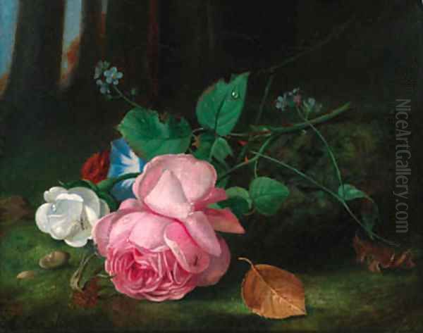 Roses with convolvuli and a sprig of forget-me-nots on a mossy bank Oil Painting by Arthur Chaplin