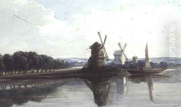 Windmills by a River Oil Painting by John Chase