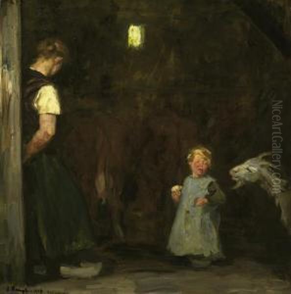 In The Stable Oil Painting by Arthur Kampf