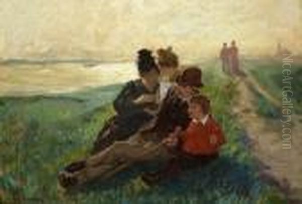 Rastende Familie Auf Dem Deich Am
 Flussufer. Oil Painting by Arthur Kampf