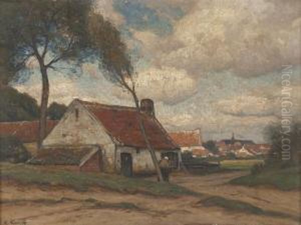 Dorfansicht Mit Bauerin Oil Painting by Eugen Kampf