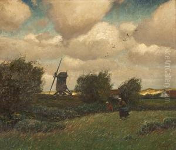 Bauerinnen Auf Dem Feldvor Einer Windmuhle Oil Painting by Eugen Kampf