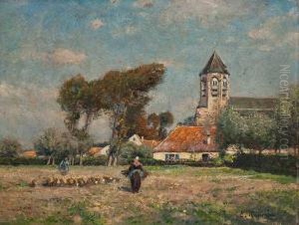 Bauerinnen Auf Dem Feld Vor Angrenzendem Dorf Oil Painting by Eugen Kampf