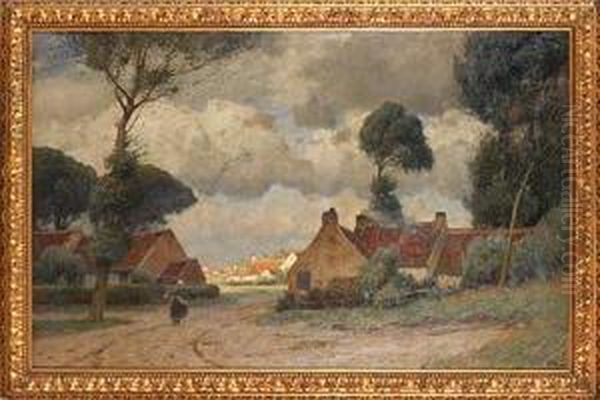 Dorfstrase Mit Heimkehrender Bauerin Vor Dem Gewitter Oil Painting by Eugen Kampf