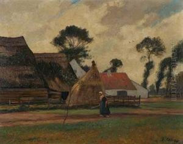 Bauerin Vor Einer Reetgedeckten Scheune Oil Painting by Eugen Kampf