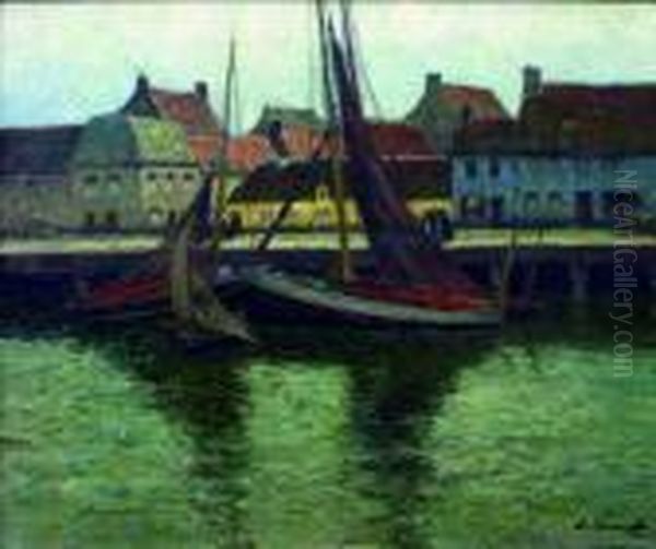 Segelschiffe Im Hafen. Oil Painting by Eugen Kampf