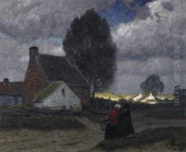 Two Ladies On The Village Street
 In A Flemish Village. Tempest Mood. Signed Bottom Right: E. Kampf Oil Painting by Eugen Kampf