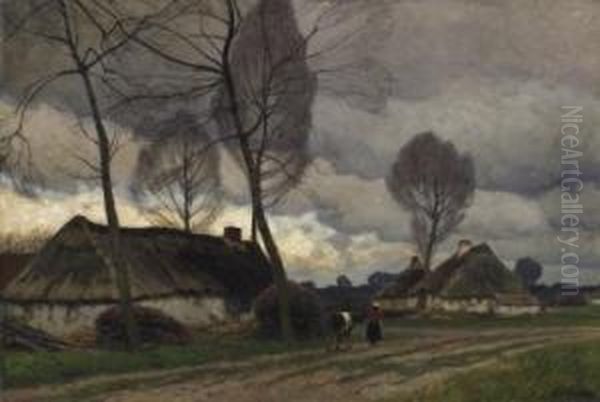 Reed-covered Farmers' Cottage In Dusk. Oil Painting by Eugen Kampf