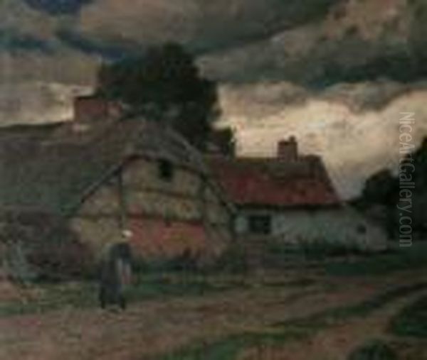 Landschaft Mit Bauerngehoft Und Frau Auf Einem Weg. Oil Painting by Eugen Kampf