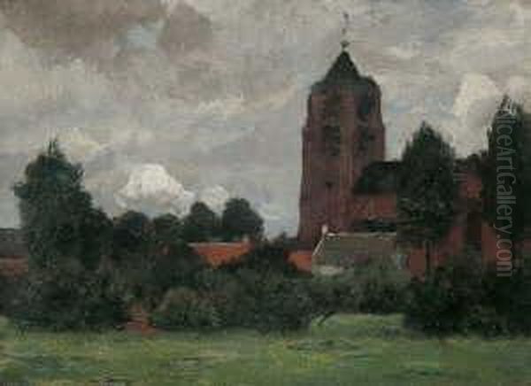 Blick Auf Eine Dorfkirche. Oil Painting by Eugen Kampf