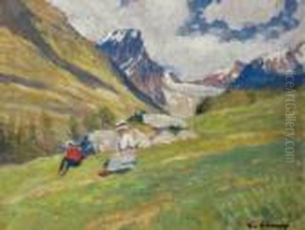 Landschaft Im Unterengadin Mit
 Rastenden Wanderern. Oil Painting by Eugen Kampf