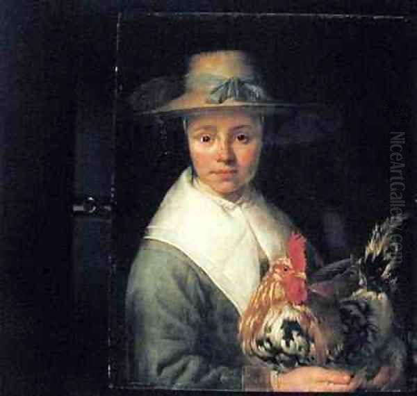 Girl with a Rooster Oil Painting by Jacob Gerritsz. Cuyp