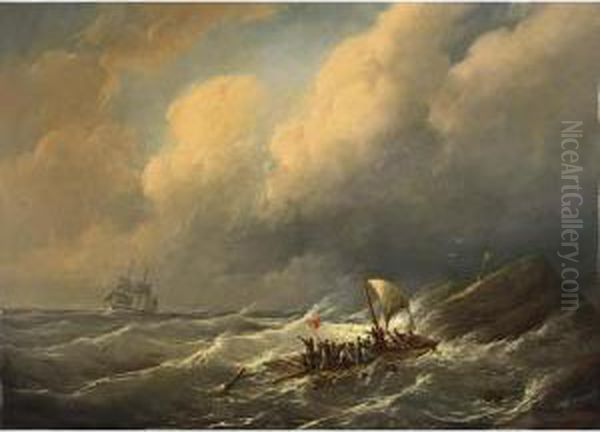 Figures On A Raft In Rough Seas Oil Painting by Christiaan Cornelis Kannemans