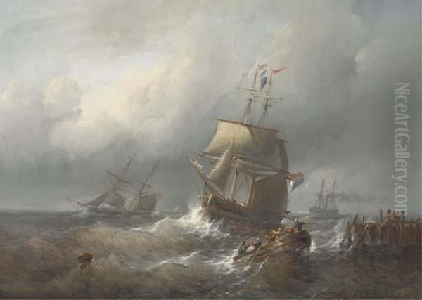 A Two-master Approaching A Harbour On Choppy Waters Oil Painting by Christiaan Cornelis Kannemans