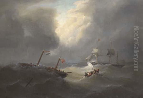 A Dismasted Vessel In A Heavy Gale Oil Painting by Christiaan Cornelis Kannemans