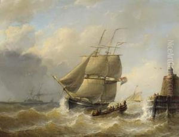 A Tallship On Choppy Water By A Lighthouse Oil Painting by Christiaan Cornelis Kannemans