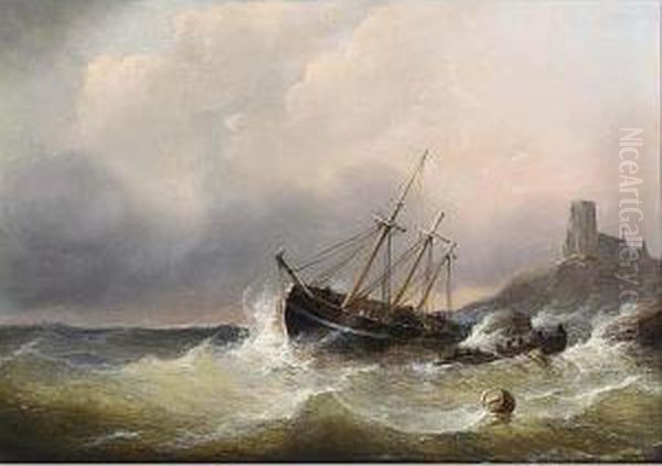 Vessels By A Coastline Oil Painting by Christiaan Cornelis Kannemans