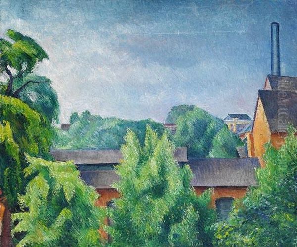 Fabrik Hinter Baumen Oil Painting by Alexander Kanoldt