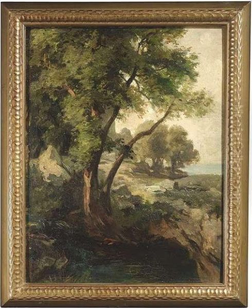 Rocky Landscape With Trees At A Shoreline. Oil/cardboard/cardboard, Signed Oil Painting by Edmund Friedrich Kanoldt