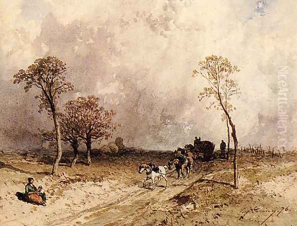 A Team Of Horses Pulling A Cart On A Path Oil Painting by Eugene Ciceri