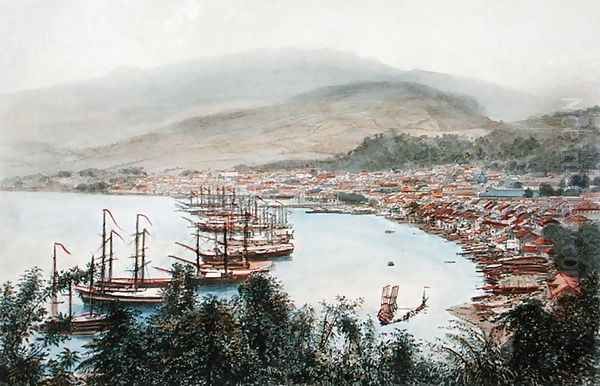 View of Saint-Pierre seen from the gun battery at Sainte-Marthe, Martinique Oil Painting by Eugene Ciceri