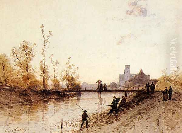 Fishing On The Banks Of A River Oil Painting by Eugene Ciceri